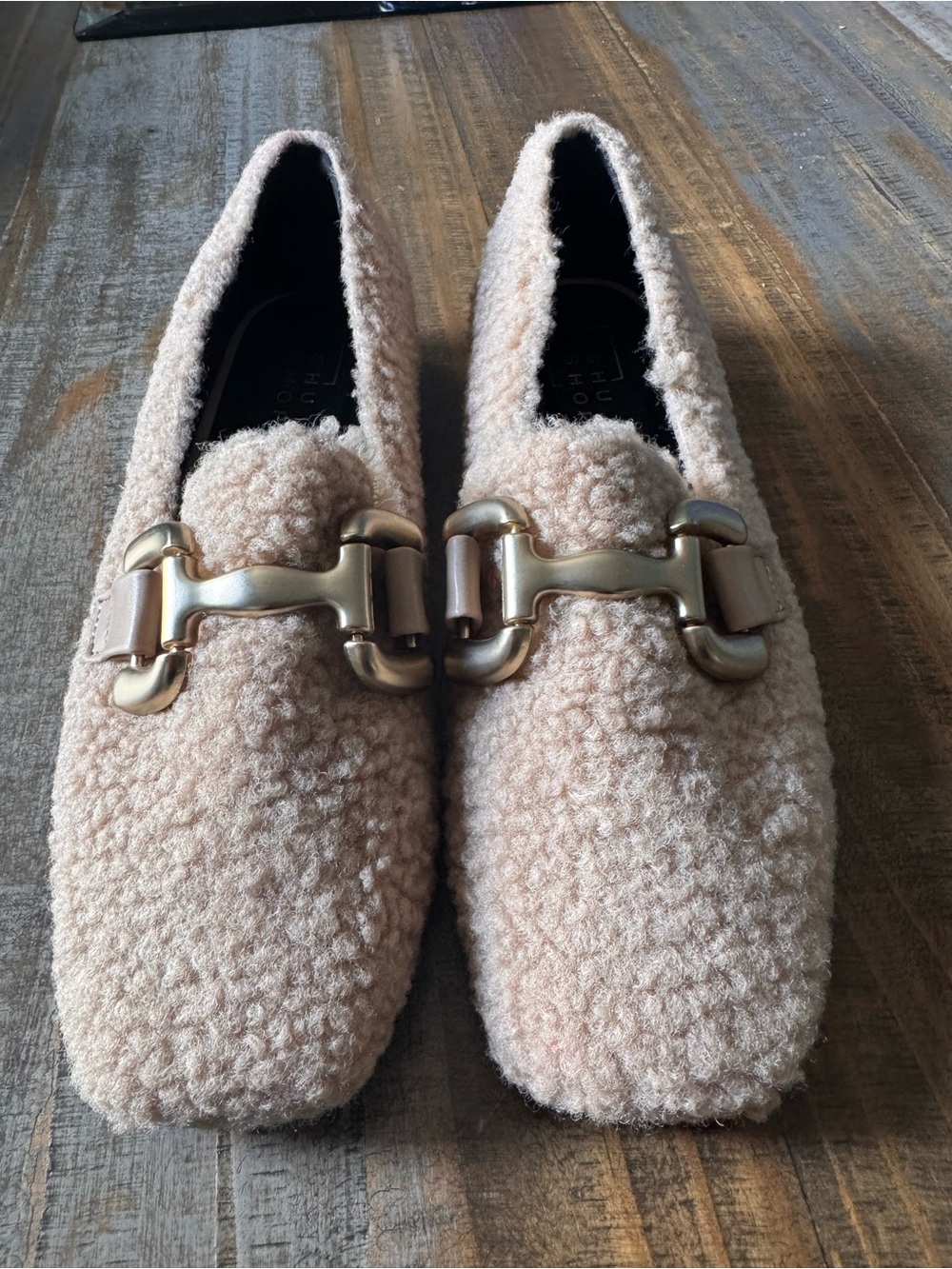 ShuShop Bouclé Slip-On Loafers in Blush with Gold Hardware